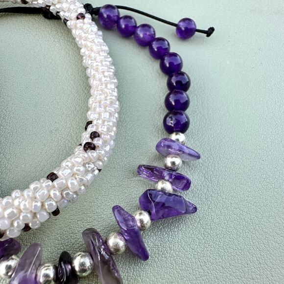 Purple Glass Seed Bead Cat Eye Amethyst Rhinestone Stretch Bracelet Stack - Picture 7 of 7